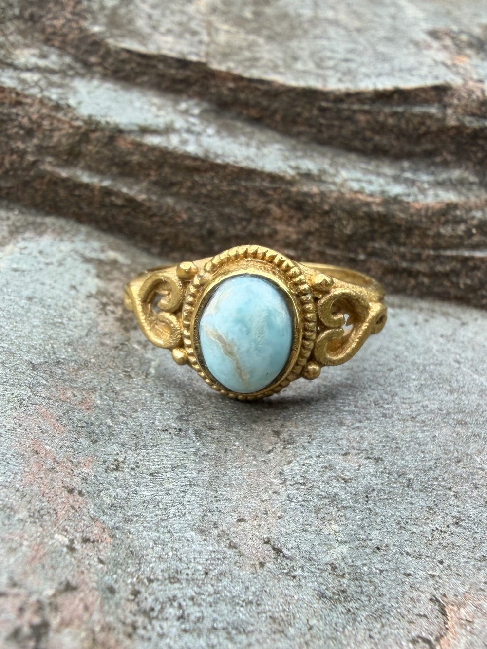 Gold-Tone Filigree Ring with Light Blue Stone